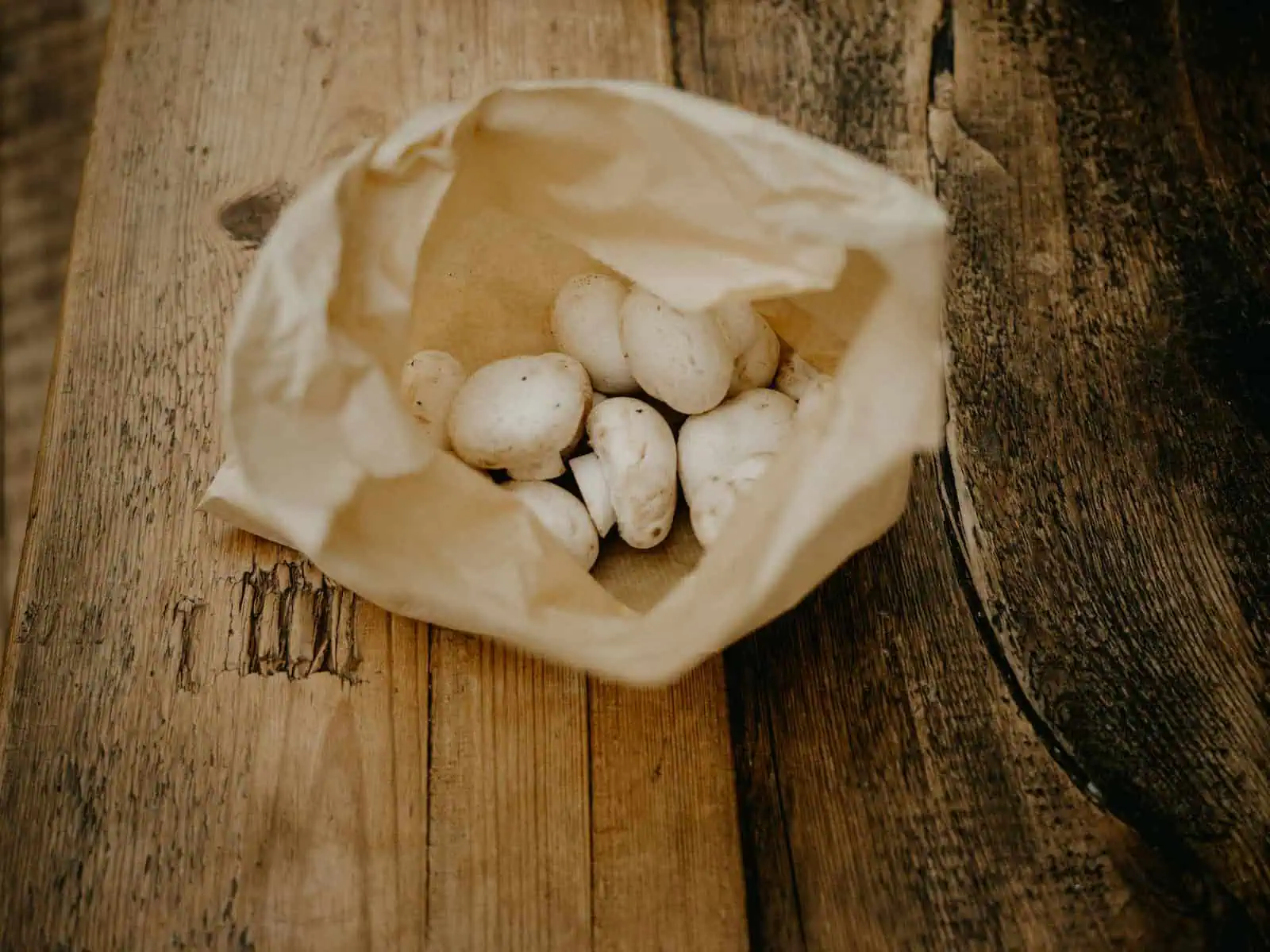 a bag of mushrooms sitting on top of a wooden table