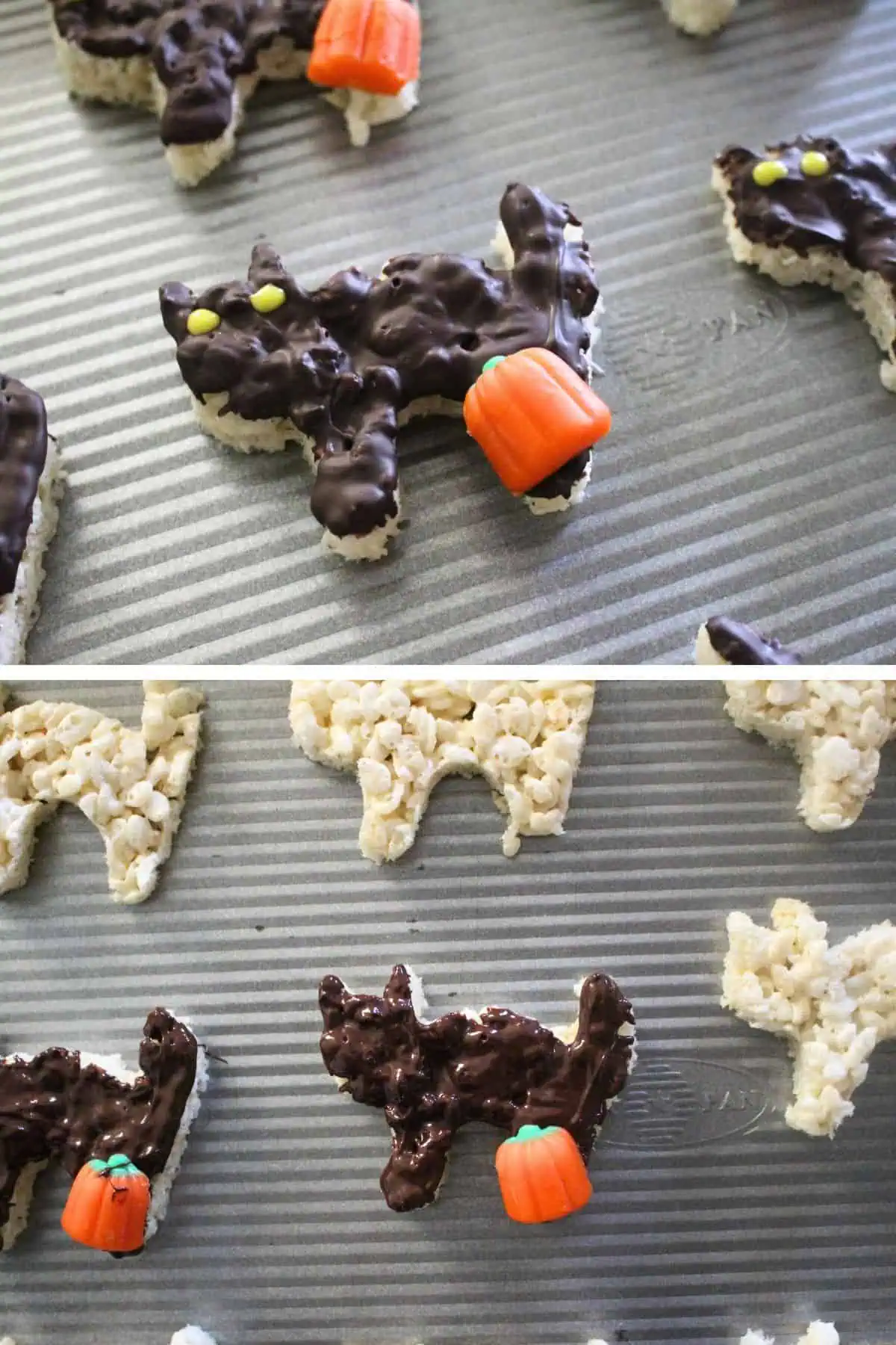 Black cat shaped rice krispie treats dipped in dark chocolate with half a candy corn pumpkin on one end