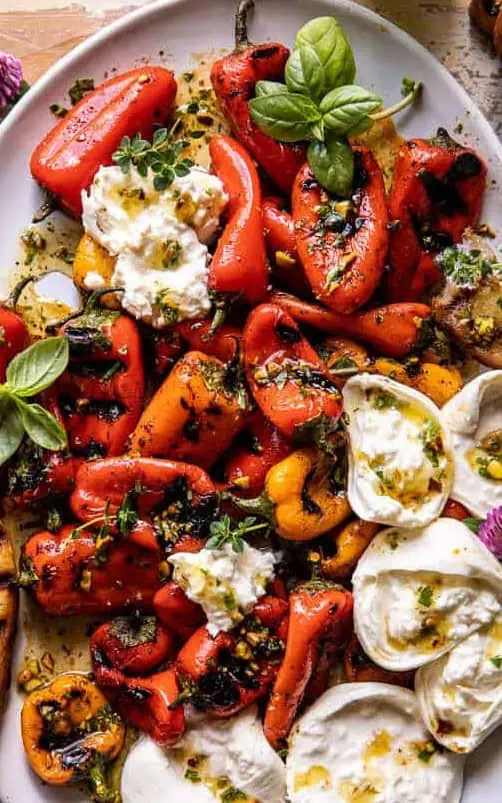Charred Baby Bell Peppers with Burrata