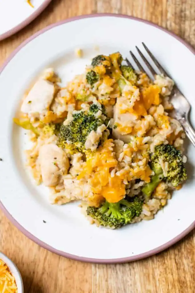chicken broccoli and rice casserole served on a white plate