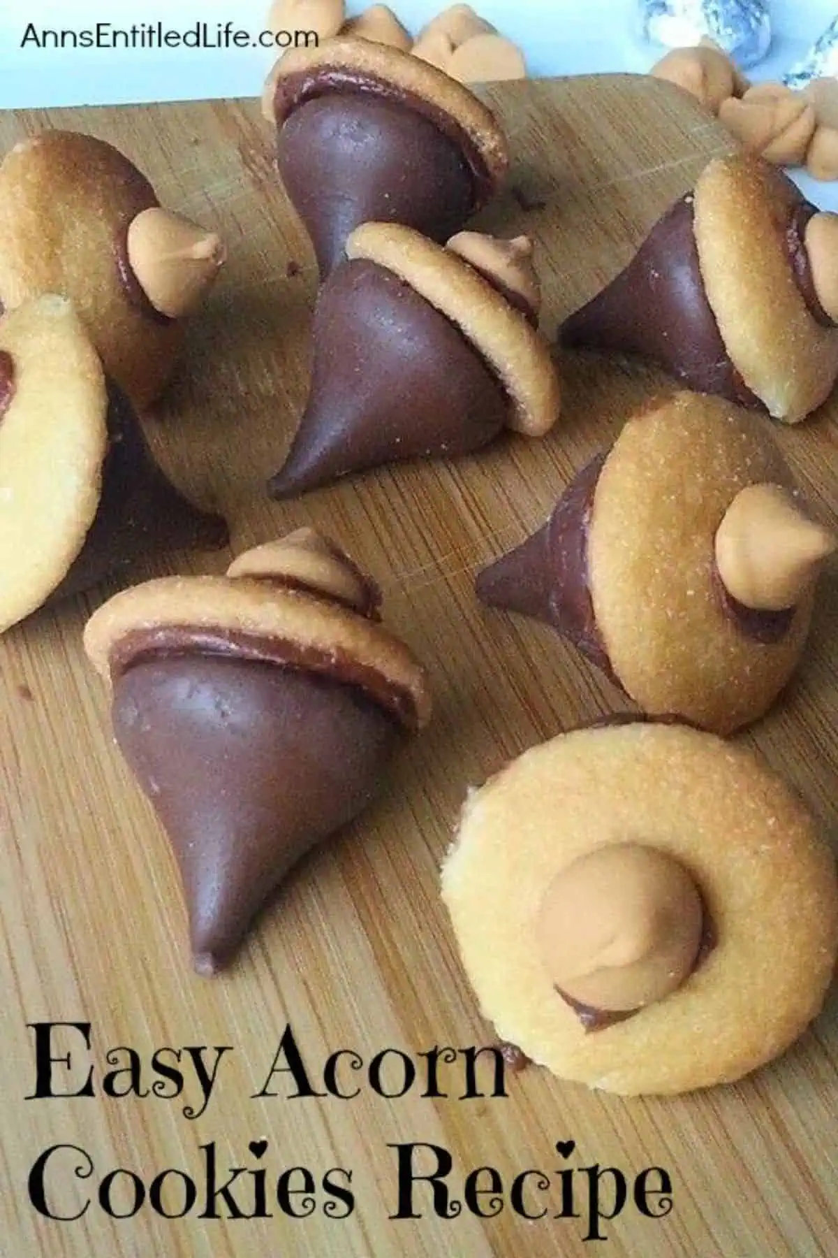 chocolate kisses and cookies put together in the shape of an acorn for an adorable fall snack