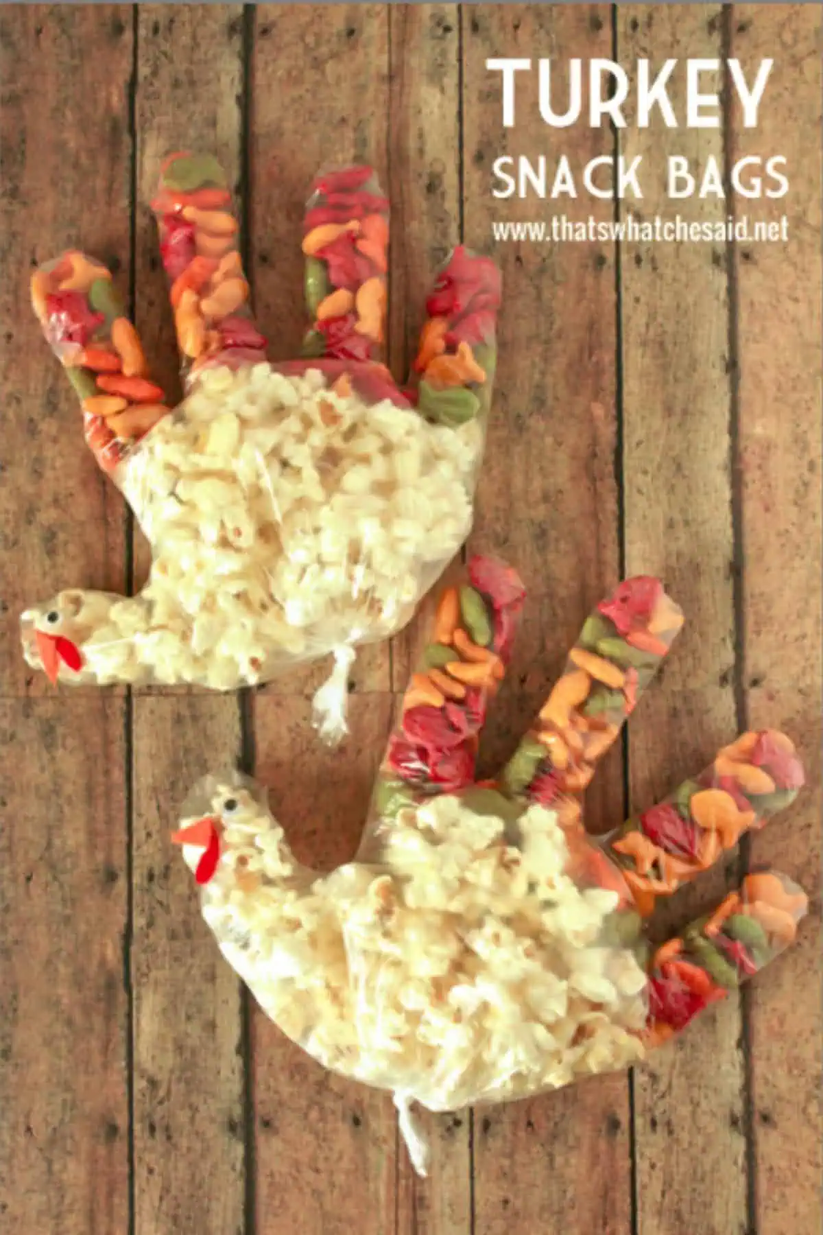Clear glove filled with colored goldfish and popcorn to form a turkey shape as a fun and easy fall snack idea