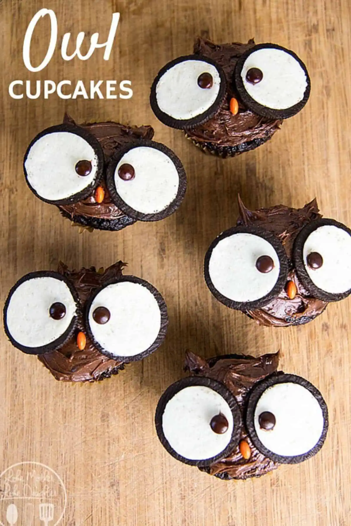 Chocolate cupcakes with open oreo eyes to look like owls