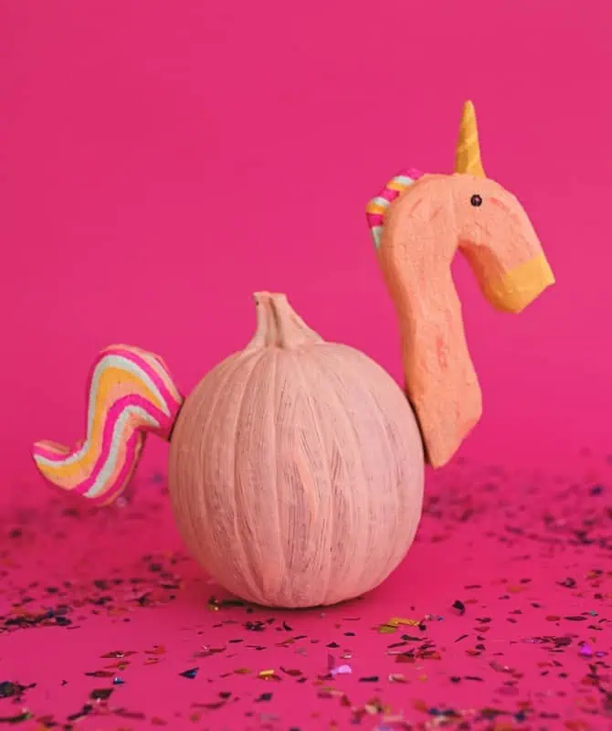 pumpkin crafted to look like a pink unicorn