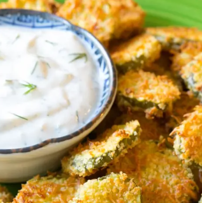Oven Baked Fried Pickles with Garlic Sauce