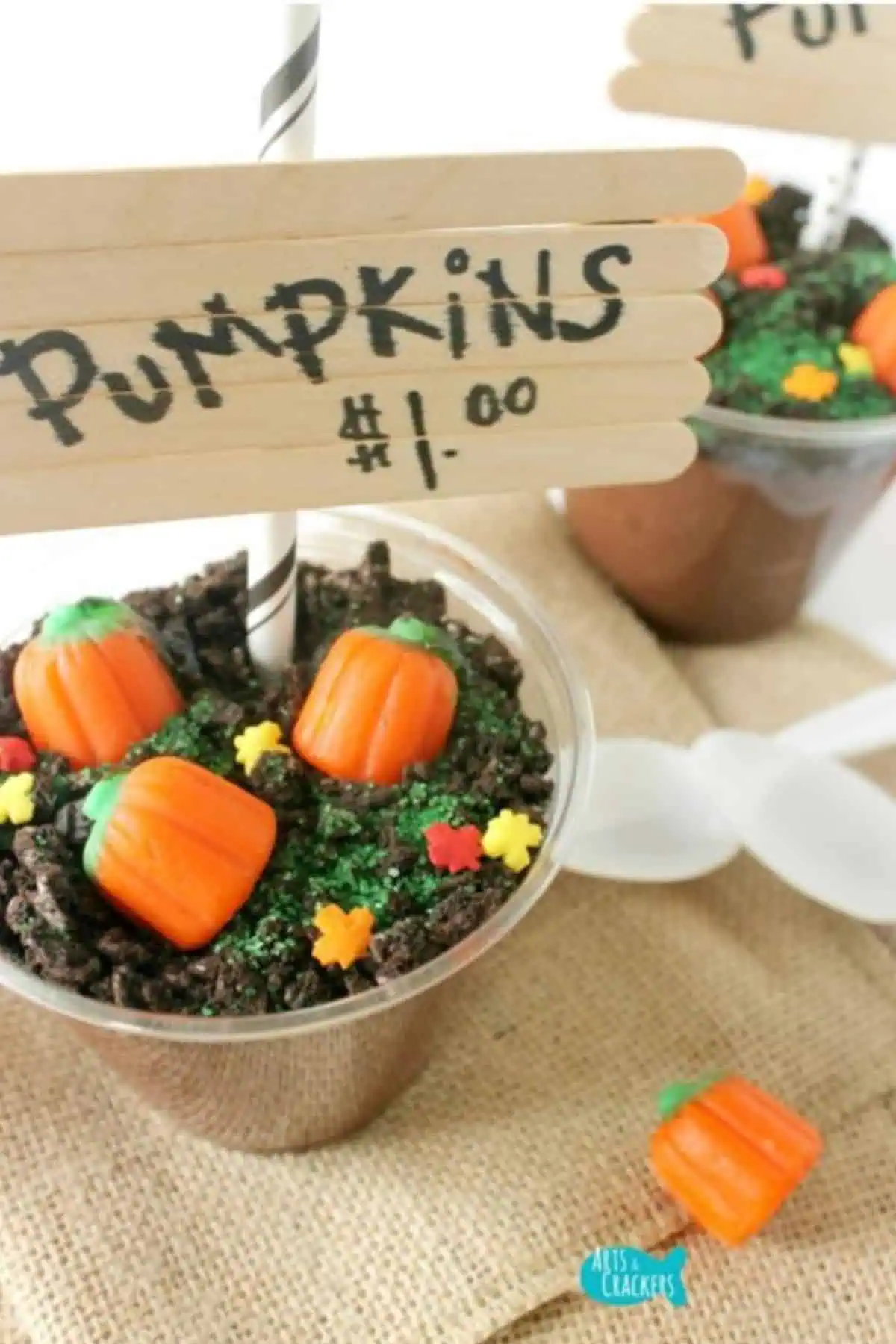 Pumpkin patch dirt cups with a popsicle stick sign that says pumpkins