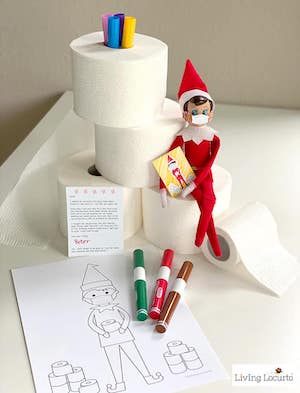 Quarantine Elf on shelf with Free Coloring Printables