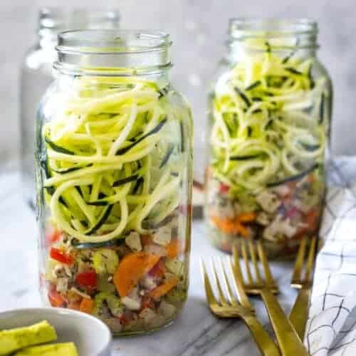 Chicken and zucchini noodles in a mason jar.