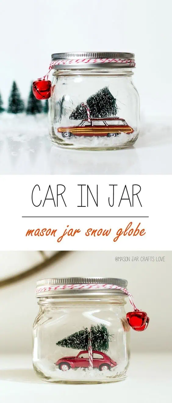 Car in a Jar Snow Globe...these are the BEST Christmas Mason Jar Ideas!