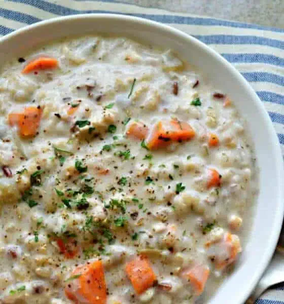 Crockpot chicken and wild rice soup in white bowl