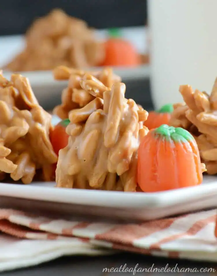 Butterscotch haystacks with candy corn pumpkins on the side for a quick fall snack