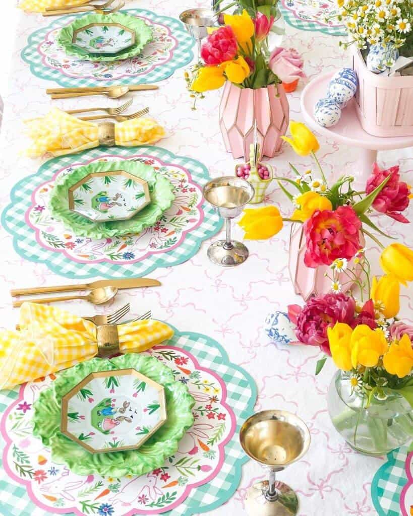Easter Tablescape ideas, bright and cheery blue, green, yellow and pink kids easter table