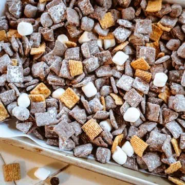smores puppy chow in a baking tin angleJPG