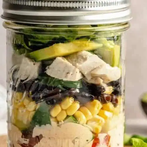 Southwest chicken salad in a mason jar for meal prep.
