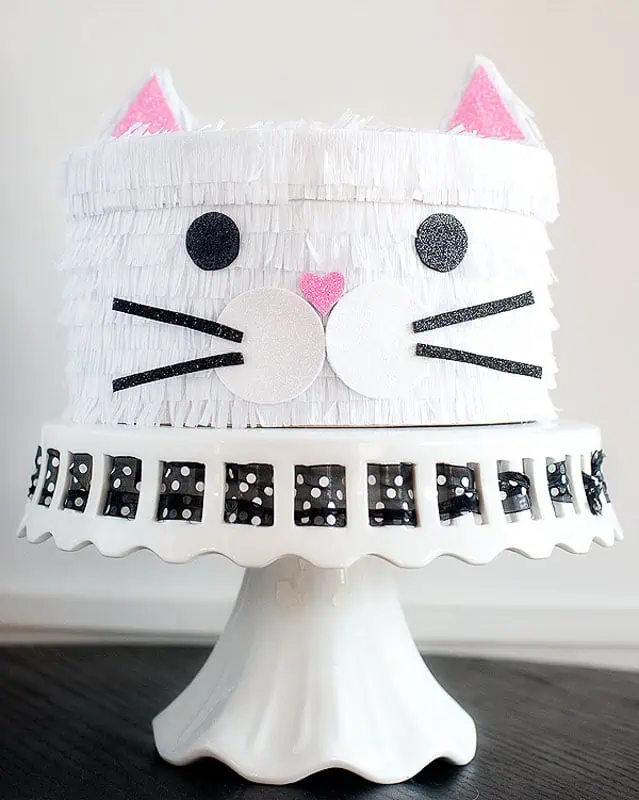 white cat valentine box with paper fringe trim
