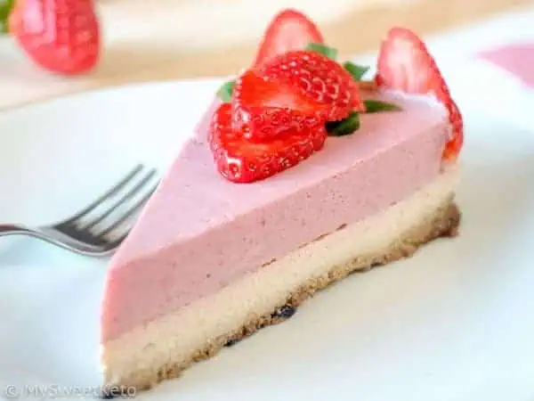 Keto Strawberry Cheesecake on a plate by My Sweet Keto