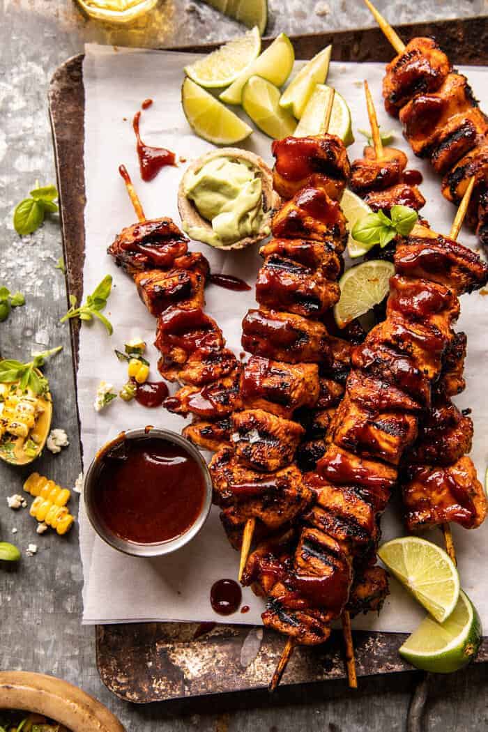 Spicy Beer BBQ Chicken Skewers with Avocado Corn and Feta Salsa 1