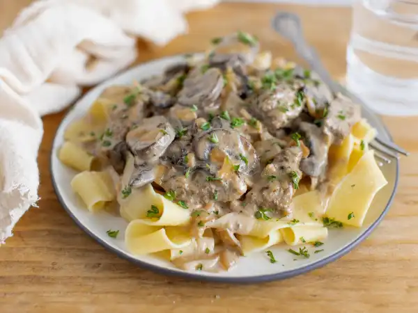 2 73 - He's a picky eater, so if he likes something, you know it has to be really good! Grandpa's Favorite Stroganoff is so delicious that we know you'll grow to love it, too! He doesn't even wait for Grandma to get in the kitchen, he quickly whips up the creamy, beef-and-mushroom-ladened sauce, then adds it atop his other favorite (tender egg noodles) to create the perfect combo and comfort meal for anyone. Grandma has quickly grown to love the days when Grandpa's Favorite Stroganoff is on the menu. You know?! Because she's never going to argue about a day off from the kitchen, great food, or a handsome guy that can cook!