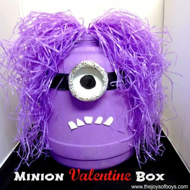 purple minion valentine box with easter basket "hair" and tin foil eyeball