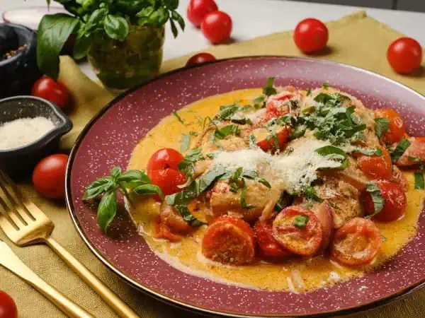 image 11379 - Well, if this dinner doesn't just put the cherry on top! Cherry-Top Chicken is creamy and savory and wildly delicious, with the simmered cherry tomatoes adding brightness and sunniness to the succulent fare on your plate! The chicken is gorgeous, simmered in a rich cream sauce, with a sprinkling of fragrant basil and nutty parmesan. Cherry-Top Chicken is the tops!