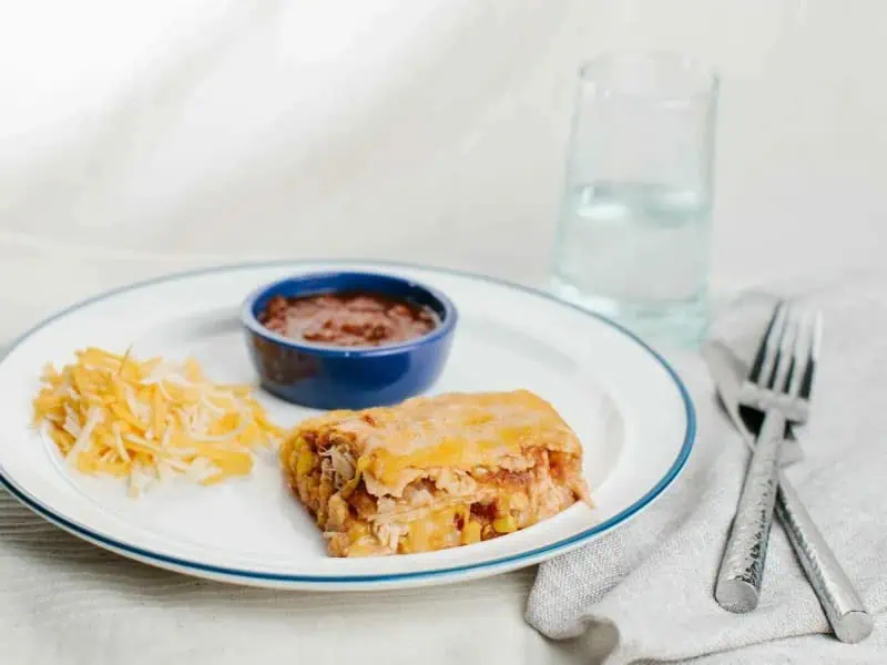 image 9256 - We have your easy, cheesy, and famously delicious weeknight meal right here. Mexican Chicken Lasagna combines one of the great Italian comfort foods with the deep flavors of Tex-Mex cuisine. Layers of savory refried beans, sharp and creamy cheese, and juicy and fatty chicken thighs sandwich in between hearty tortillas and bright salsa. It only takes 30 minutes to whip up a Mexican Chicken Lasagna, so there’s no reason not to enjoy this meal!