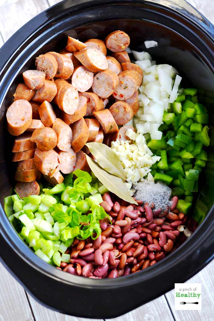 red beans and rice in the slow cooker before