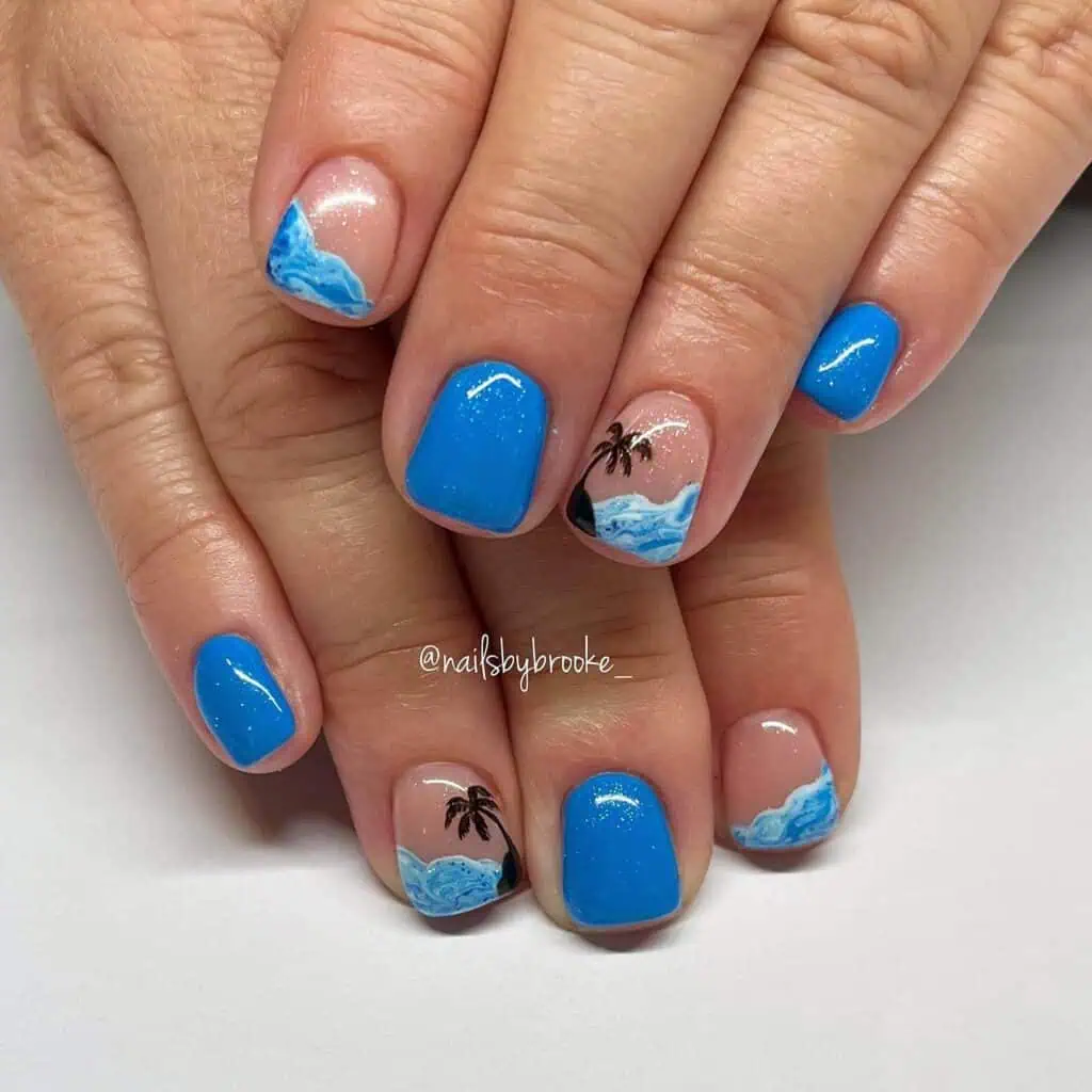 A selection of seaside-inspired nail art showcasing sea blues, sandy beige, and sunset hues, ideal for summer getaways.