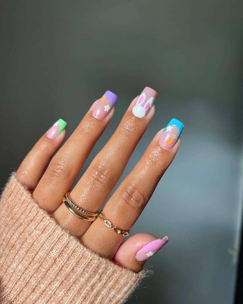 Collection of spring-themed nail designs featuring pastel shades, including adorable and acrylic Easter styles.