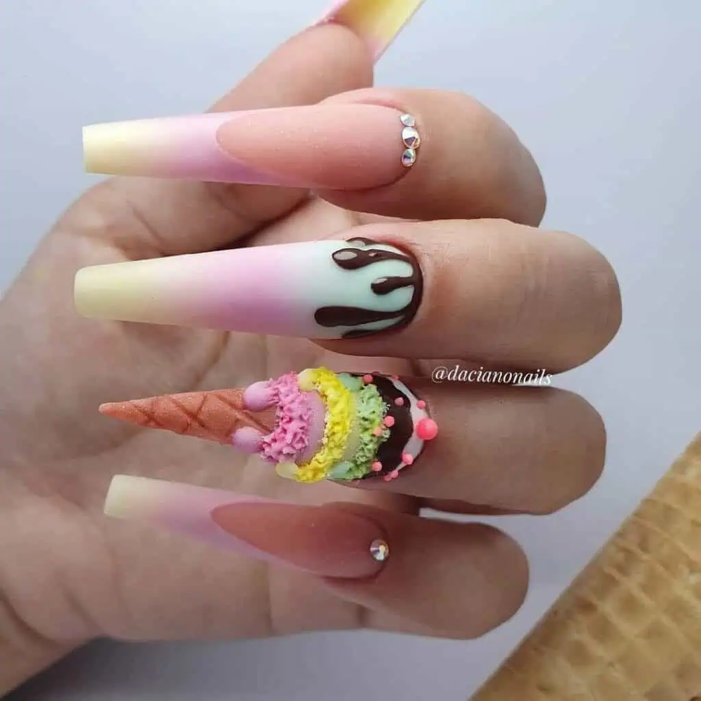 A collection of vibrant, sweet summer nails inspired by ice cream, gelato, and the beach.