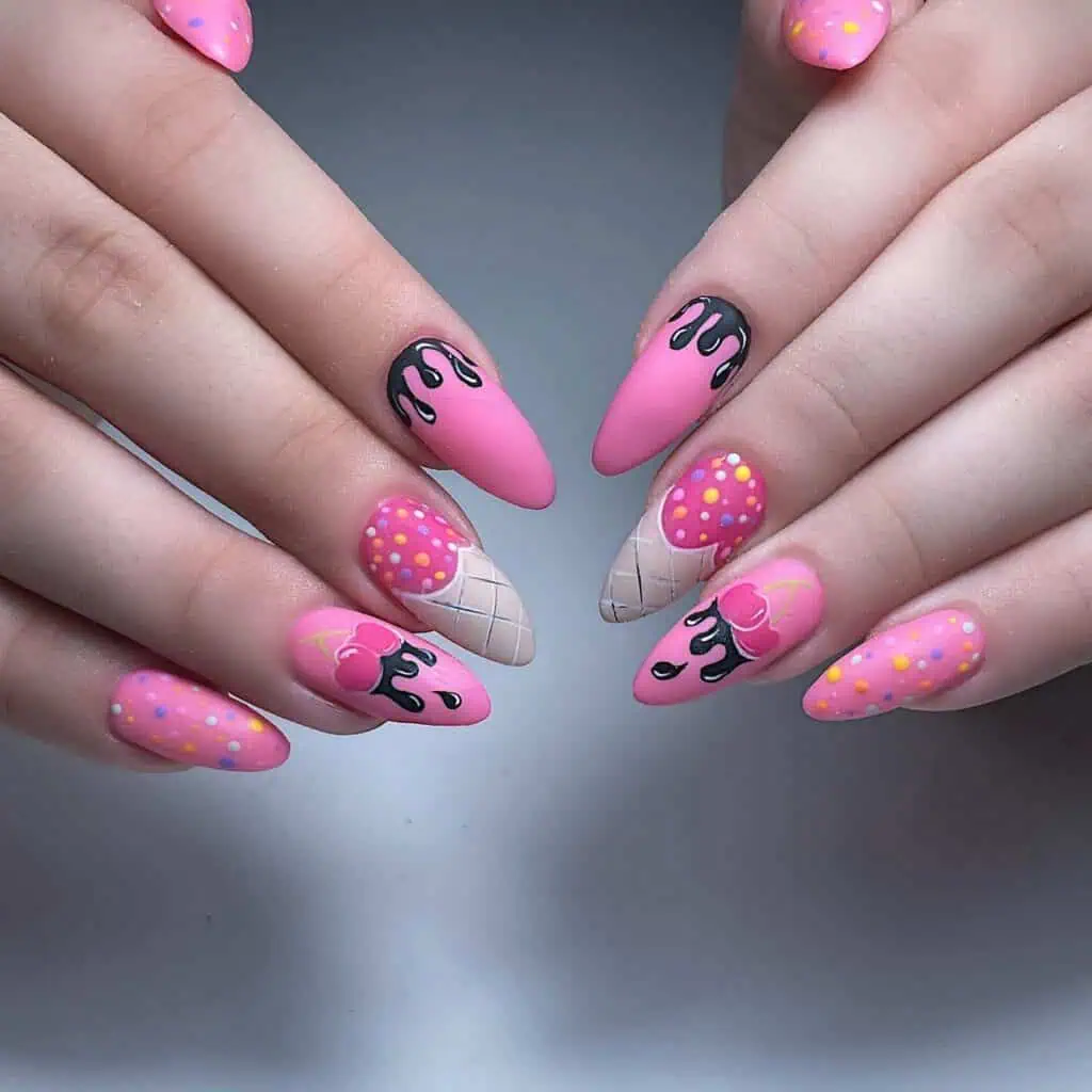 A collection of vibrant, sweet summer nails inspired by ice cream, gelato, and the beach.