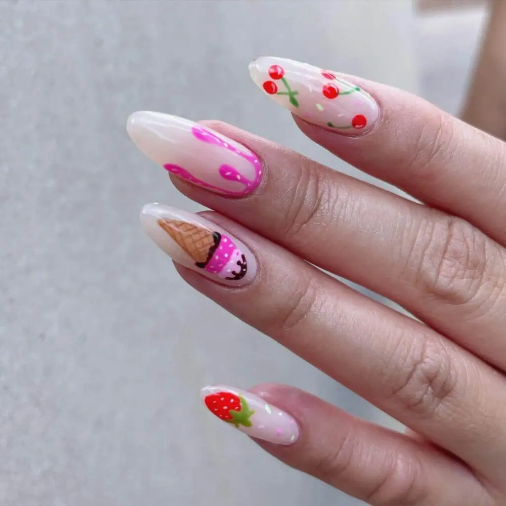 A collection of vibrant, sweet summer nails inspired by ice cream, gelato, and the beach.