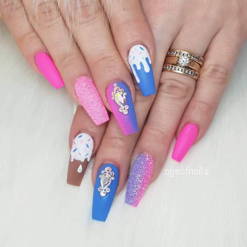 A collection of vibrant, sweet summer nails inspired by ice cream, gelato, and the beach.
