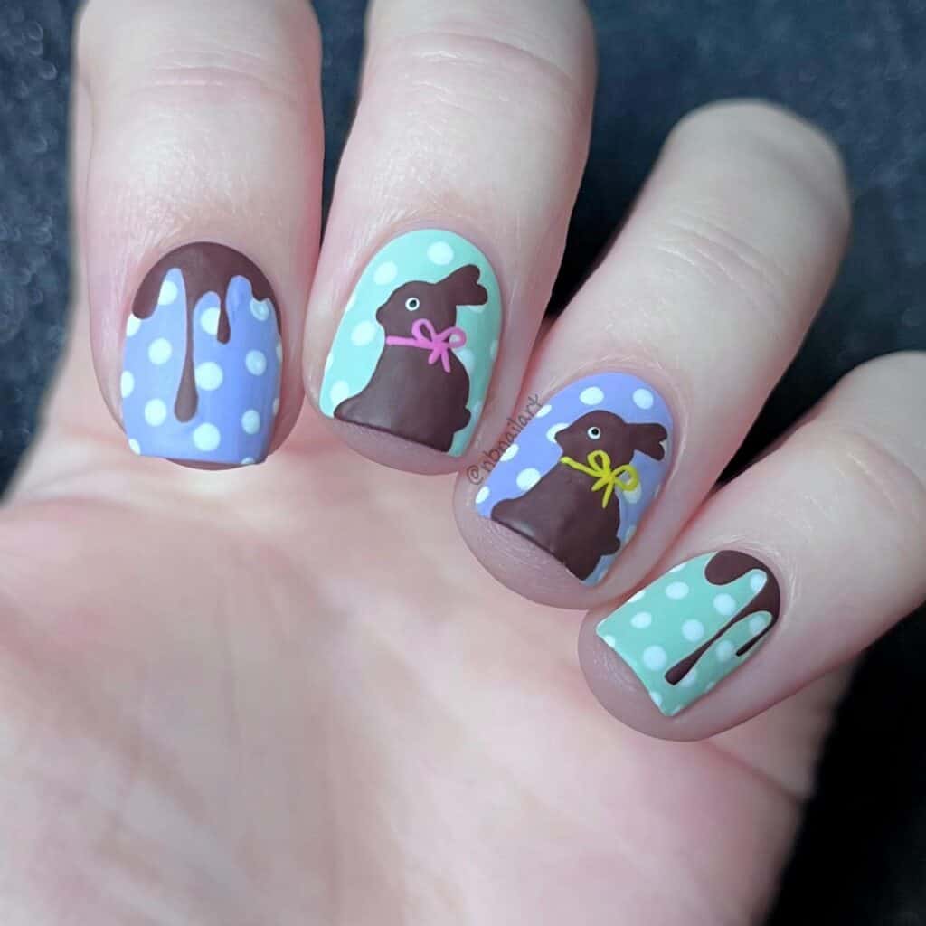 Collection of spring-themed nail designs featuring pastel shades, including adorable and acrylic Easter styles.