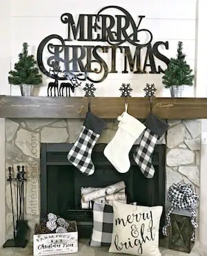 White and Black Buffalo Plaid Christmas Mantel