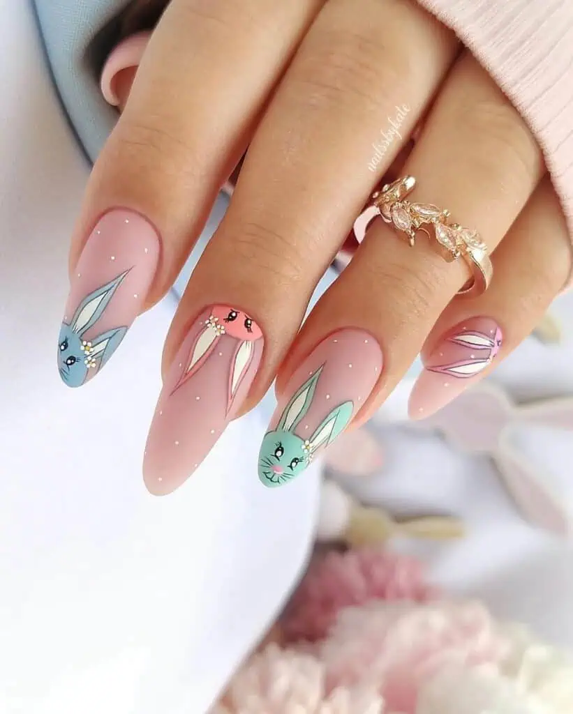 Delightful rabbit nail designs in soft pastel shades, ideal for Easter nails.