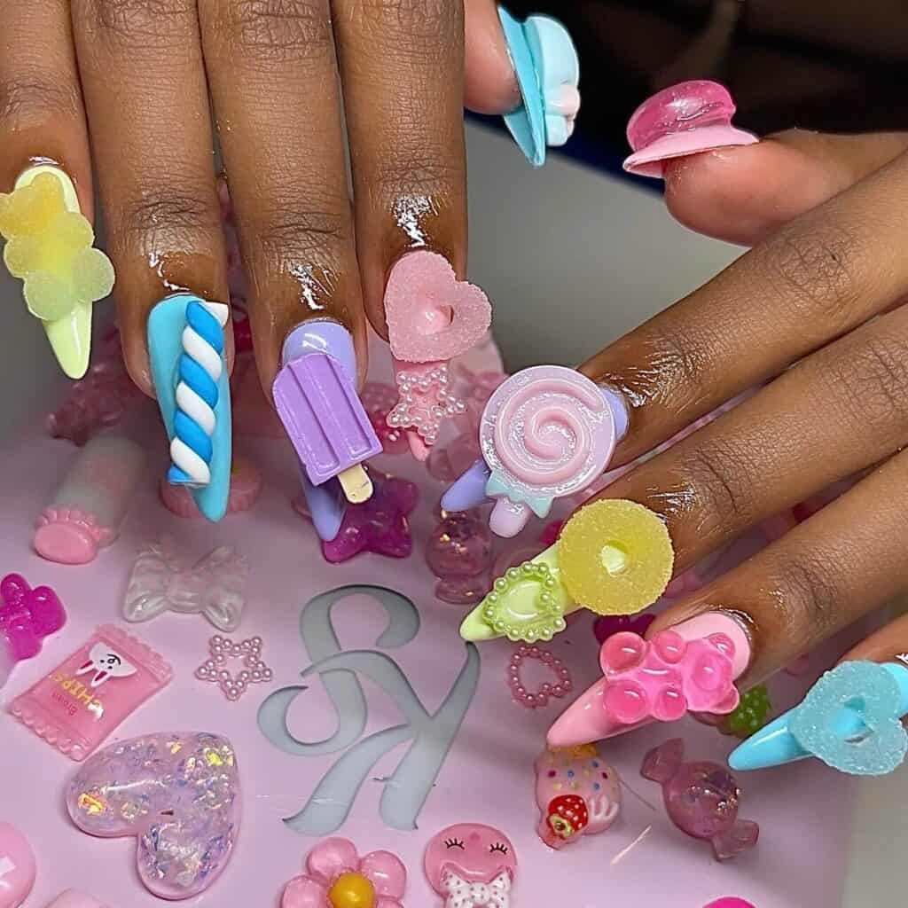 Detailed shot of festive nails showcasing candy cane stripes, lollipop swirls, and candy corn patterns in bright, vibrant hues.