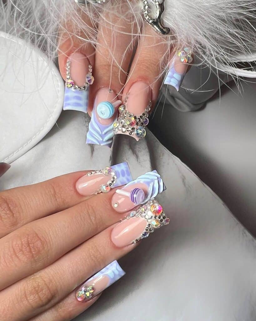 Detailed shot of festive nails showcasing candy cane stripes, lollipop swirls, and candy corn patterns in bright, vibrant hues.