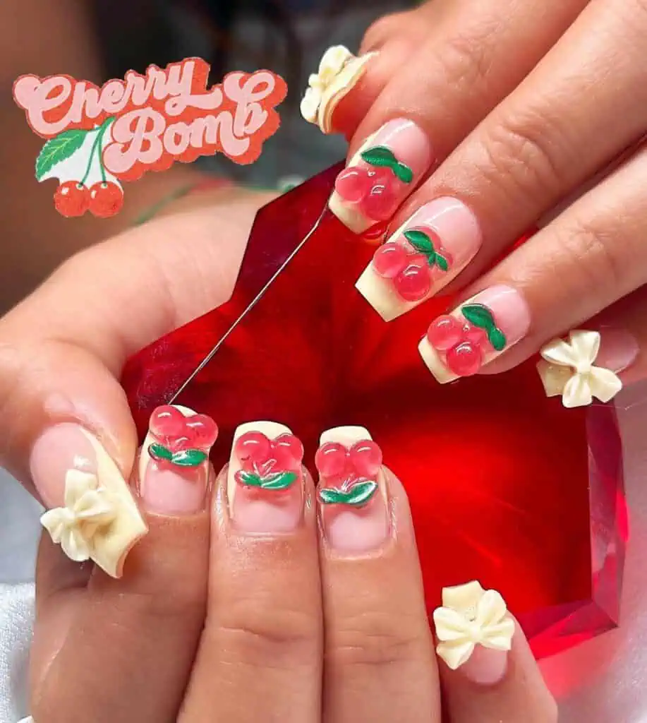 Detailed shot of festive nails showcasing candy cane stripes, lollipop swirls, and candy corn patterns in bright, vibrant hues.