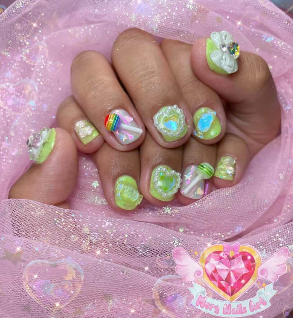 Detailed shot of festive nails showcasing candy cane stripes, lollipop swirls, and candy corn patterns in bright, vibrant hues.