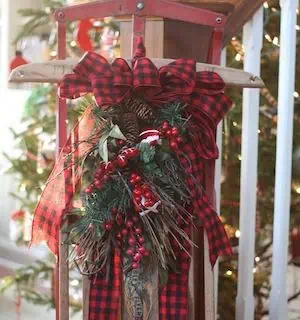 Vintage Christmas Sled with Buffalo Check Ribbon