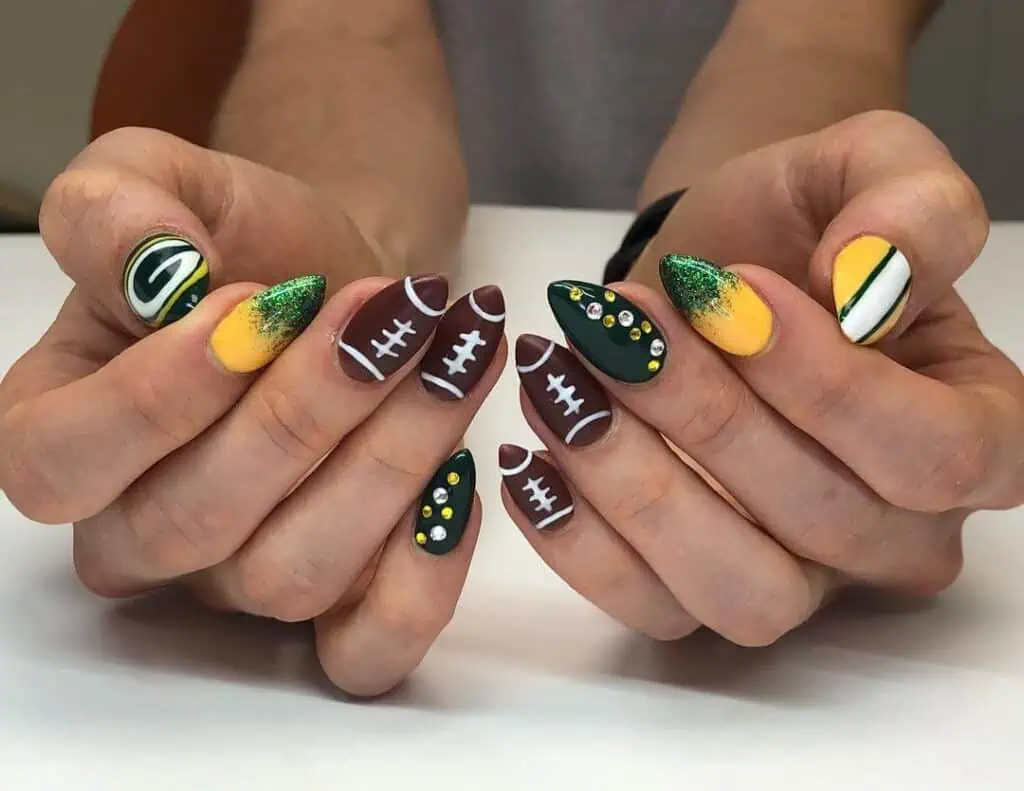 A range of football-themed nail designs, featuring blue football nails, Celtic FC nails, and acrylic nails with team logos.