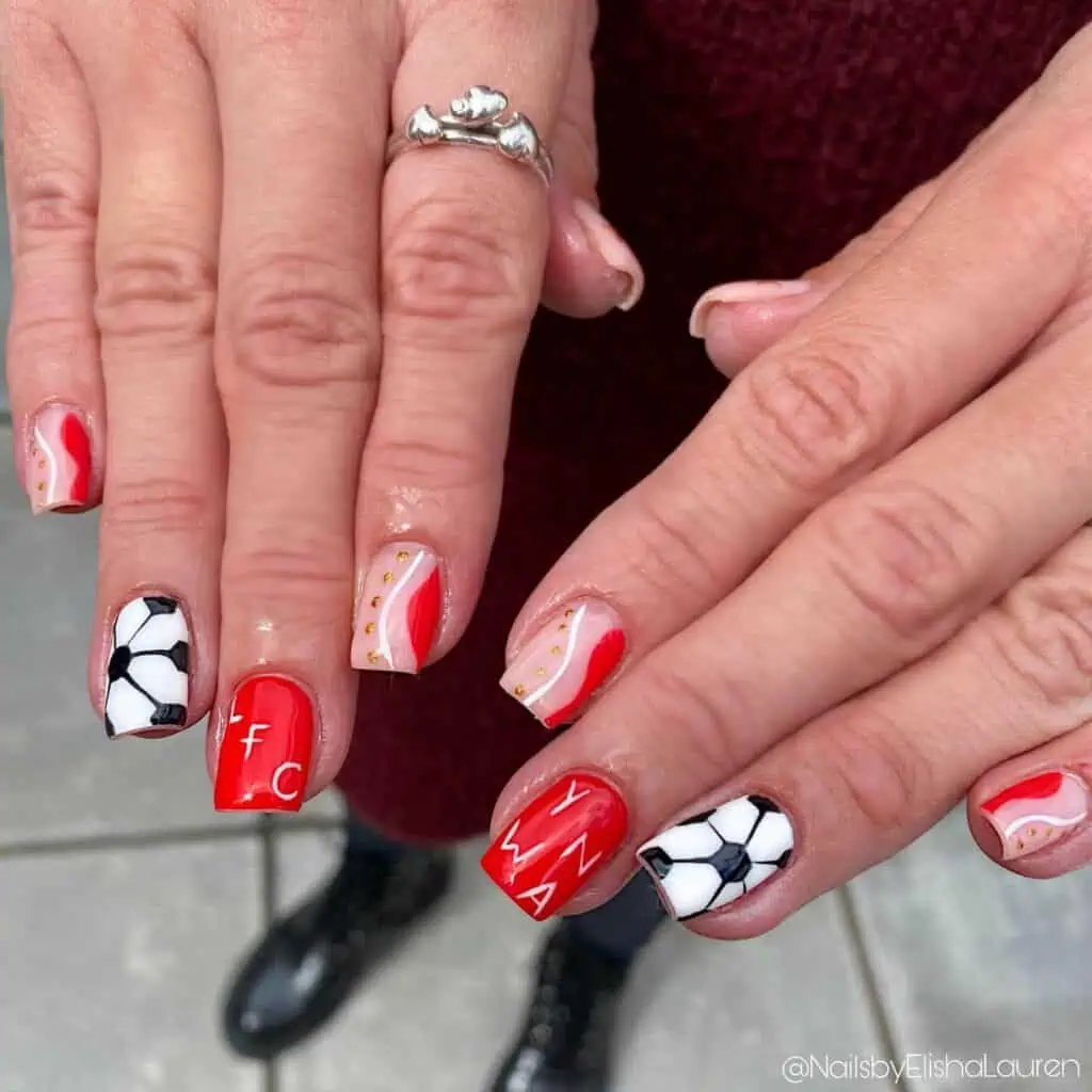 A range of football-themed nail designs, featuring blue football nails, Celtic FC nails, and acrylic nails with team logos.