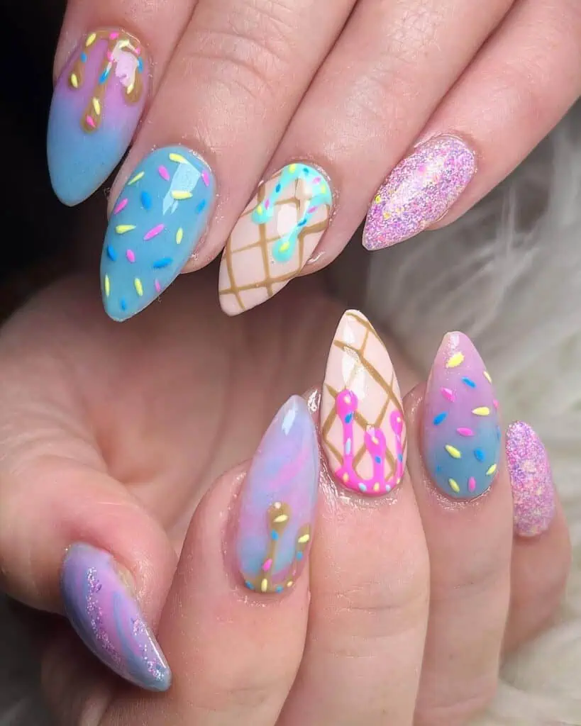 A collection of vibrant, sweet summer nails inspired by ice cream, gelato, and the beach.