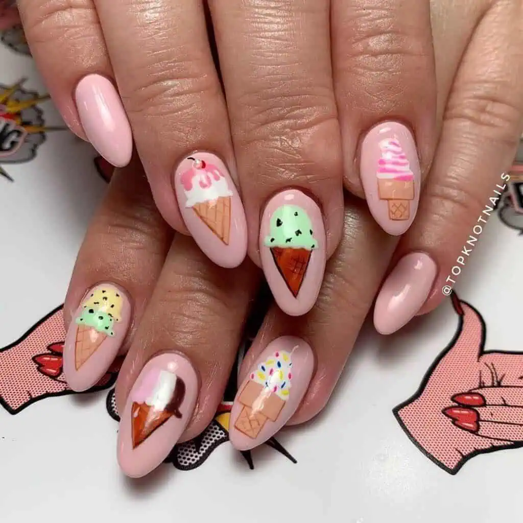 A collection of vibrant, sweet summer nails inspired by ice cream, gelato, and the beach.