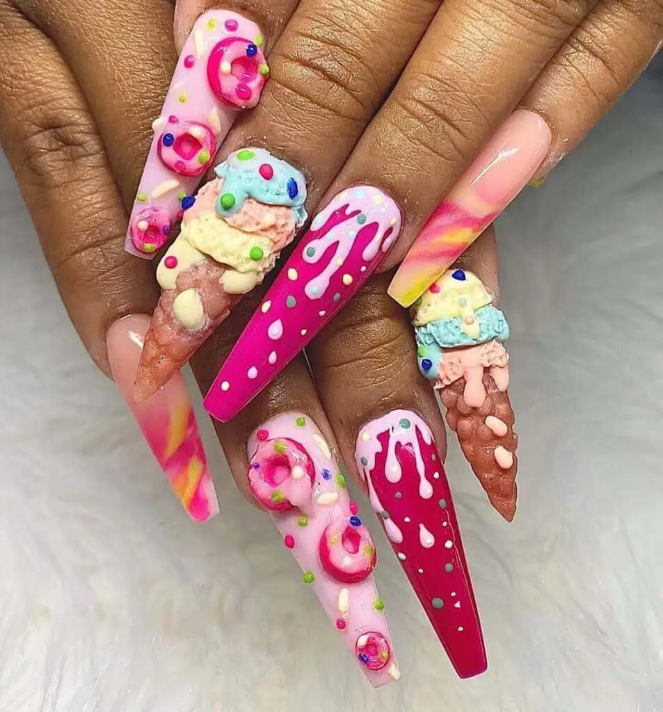 A collection of vibrant, sweet summer nails inspired by ice cream, gelato, and the beach.