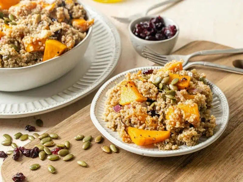 image 1754 - When the wind turns cold and frost lingers on the windows, the right salad can get you feeling warm again! The Winter Quinoa Salad is a burst of color during gray weather, with the orange of buttery, sweet roasted butternut squash and the gold of fluffy, nutty quinoa.