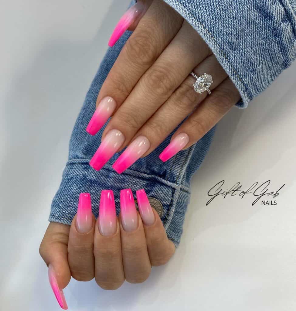 Explore various neon pink nail designs such as neon pink and purple ombre, neon animal print, and neon matte styles.