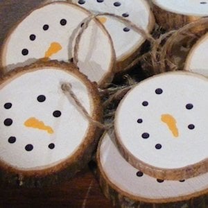Rustic Log Slice Snowman Ornaments