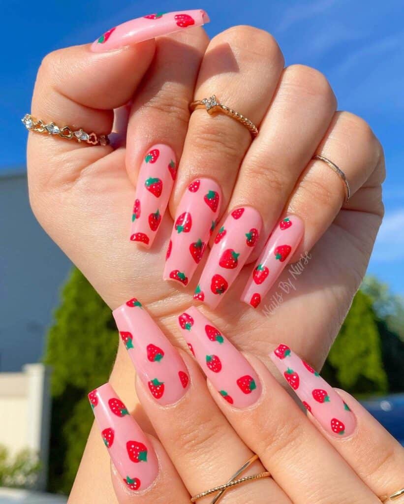 Discover charming strawberry nail designs such as strawberry shortcake and strawberry glazed donut styles. Opt for press-on nails for effortless application.