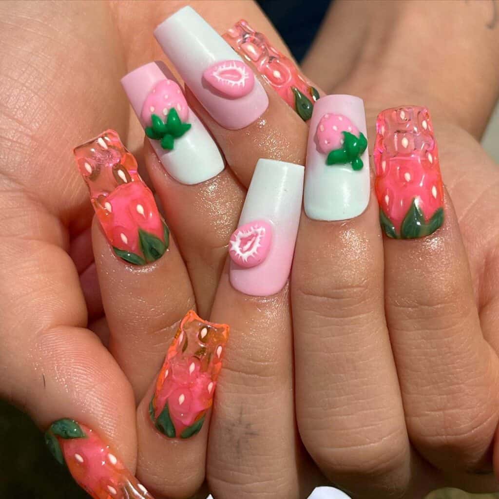 Discover charming strawberry nail designs such as strawberry shortcake and strawberry glazed donut styles. Opt for press-on nails for effortless application.